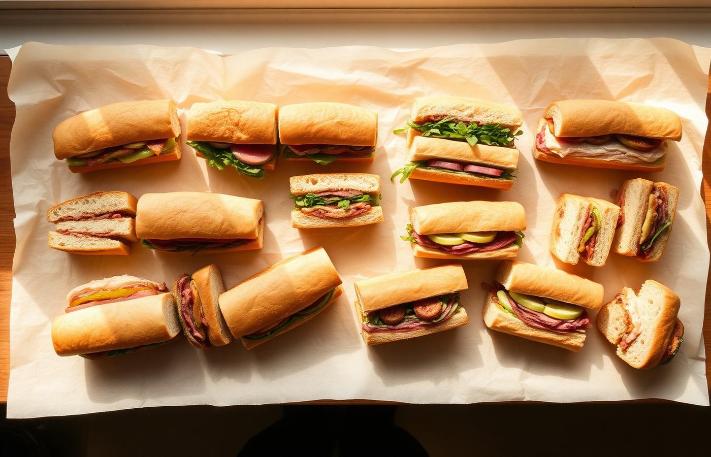 Many different sub sandwiches cut in half laid out on butcher paper