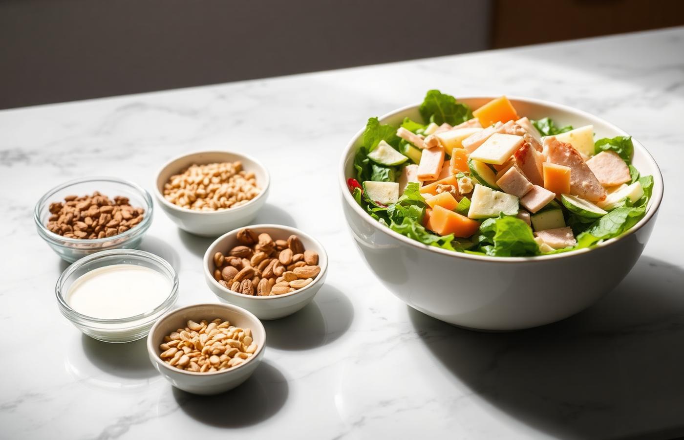 Salad bowl beside small bowls of nuts, grains and dairy on a marble counter