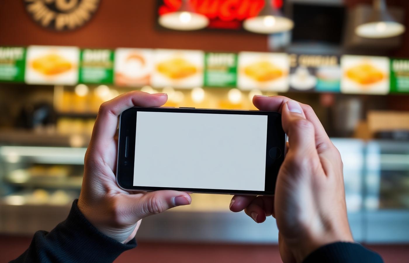 Hands holding a phone at a sandwich shop counter while placing an order