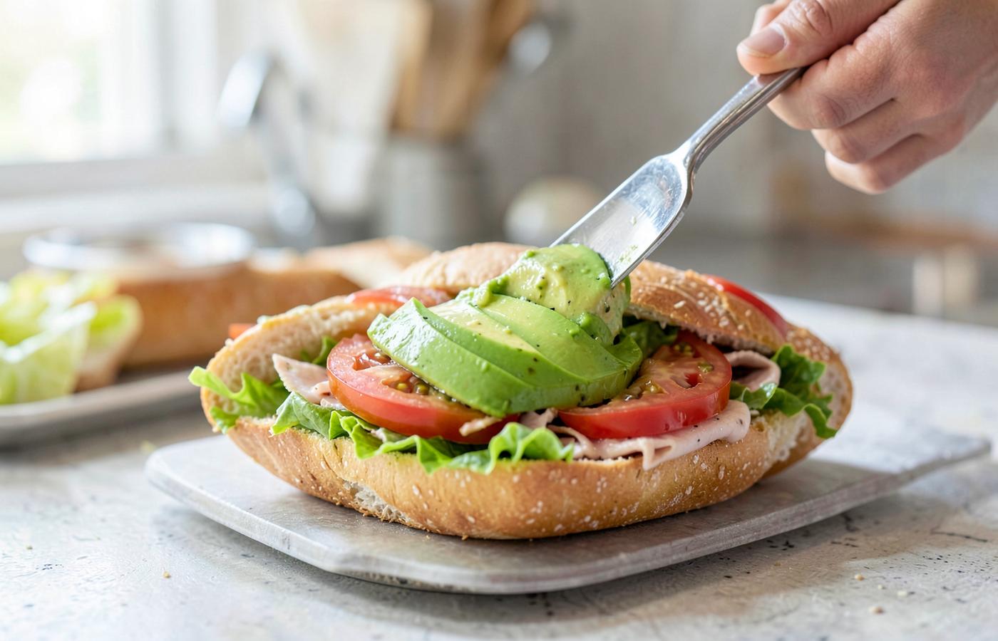 Sliced avocado being added to an open turkey sub with lettuce and tomato