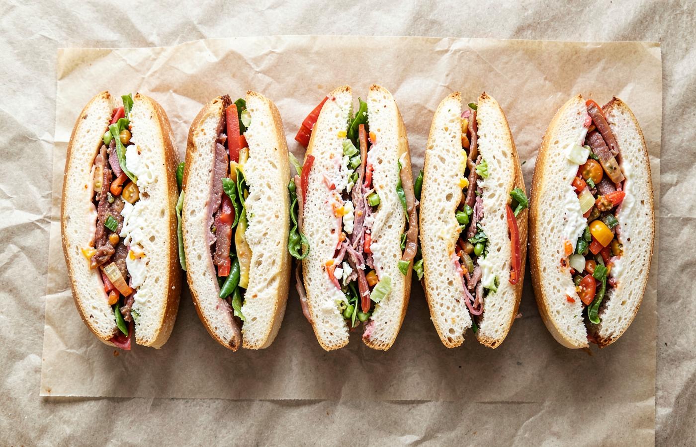 Several Subway subs cut open side by side on butcher paper