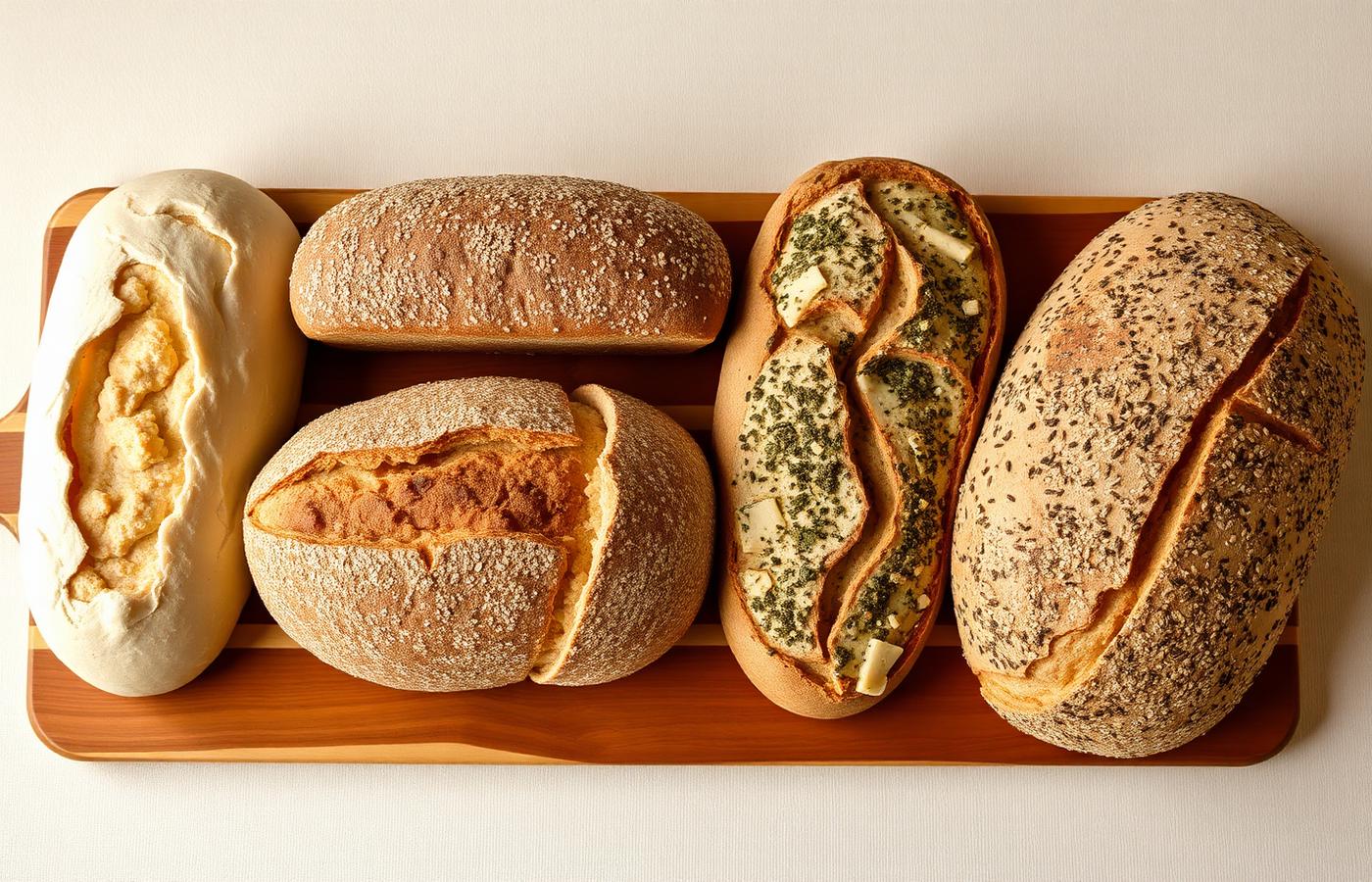 Four types of freshly baked sub bread on a wooden board
