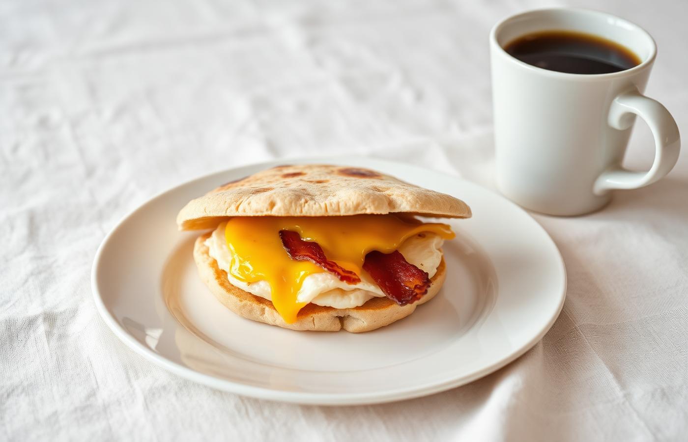 Breakfast flatbread with egg, cheese and bacon next to a cup of coffee
