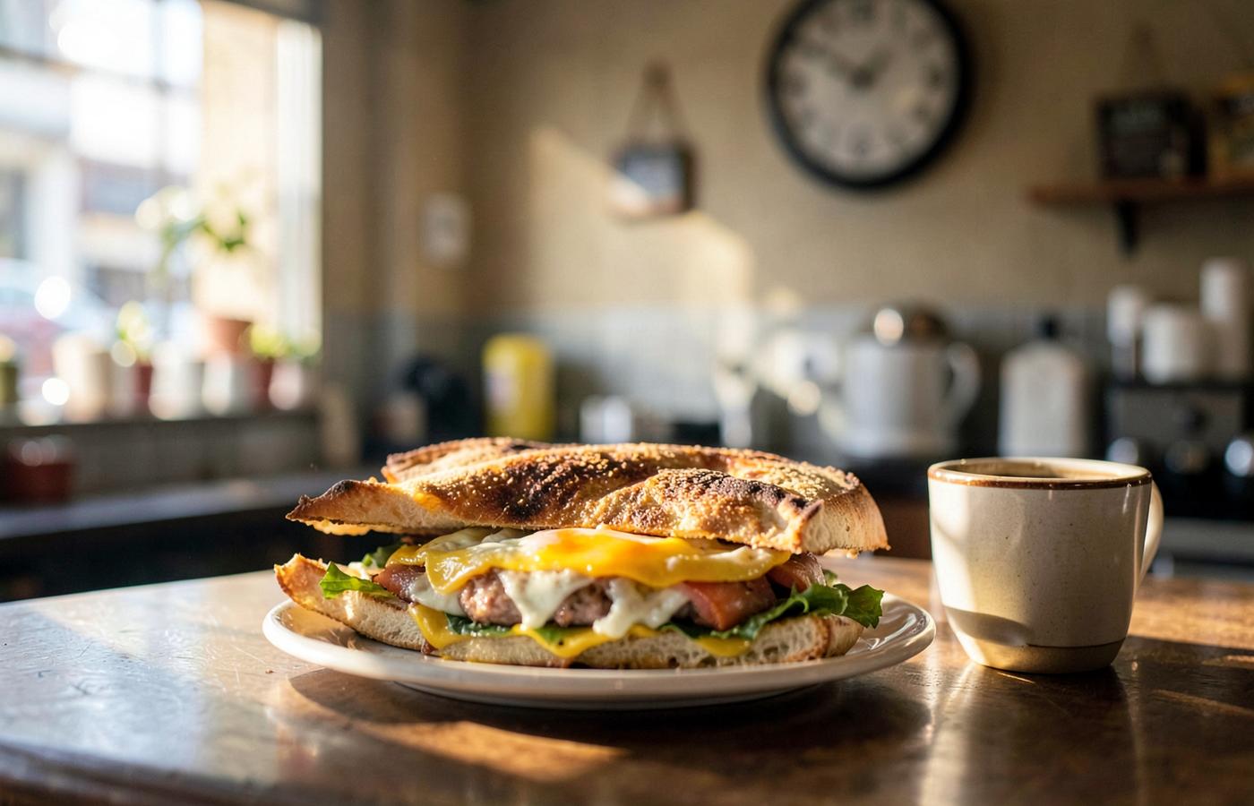Breakfast sandwich and coffee beside a shop clock in the morning