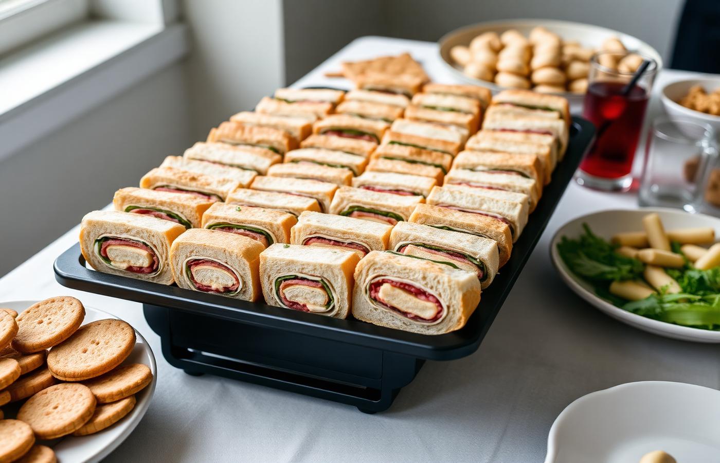 Catering platter of cut sub sandwiches with cookies and drinks on a table