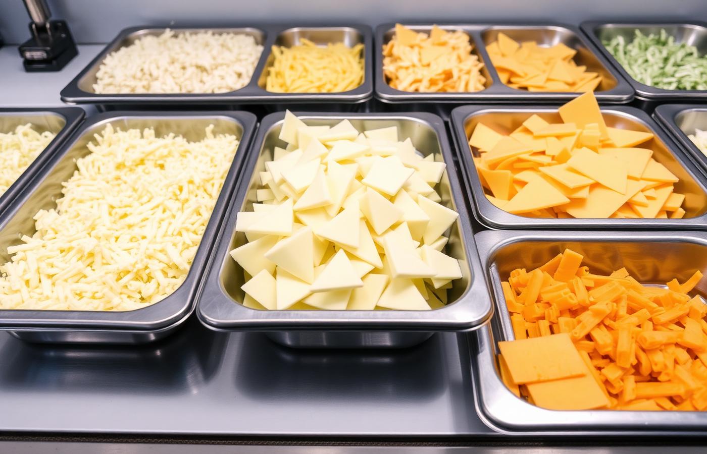 Stainless pans of shredded mozzarella, provolone triangles and sliced cheeses on a prep counter