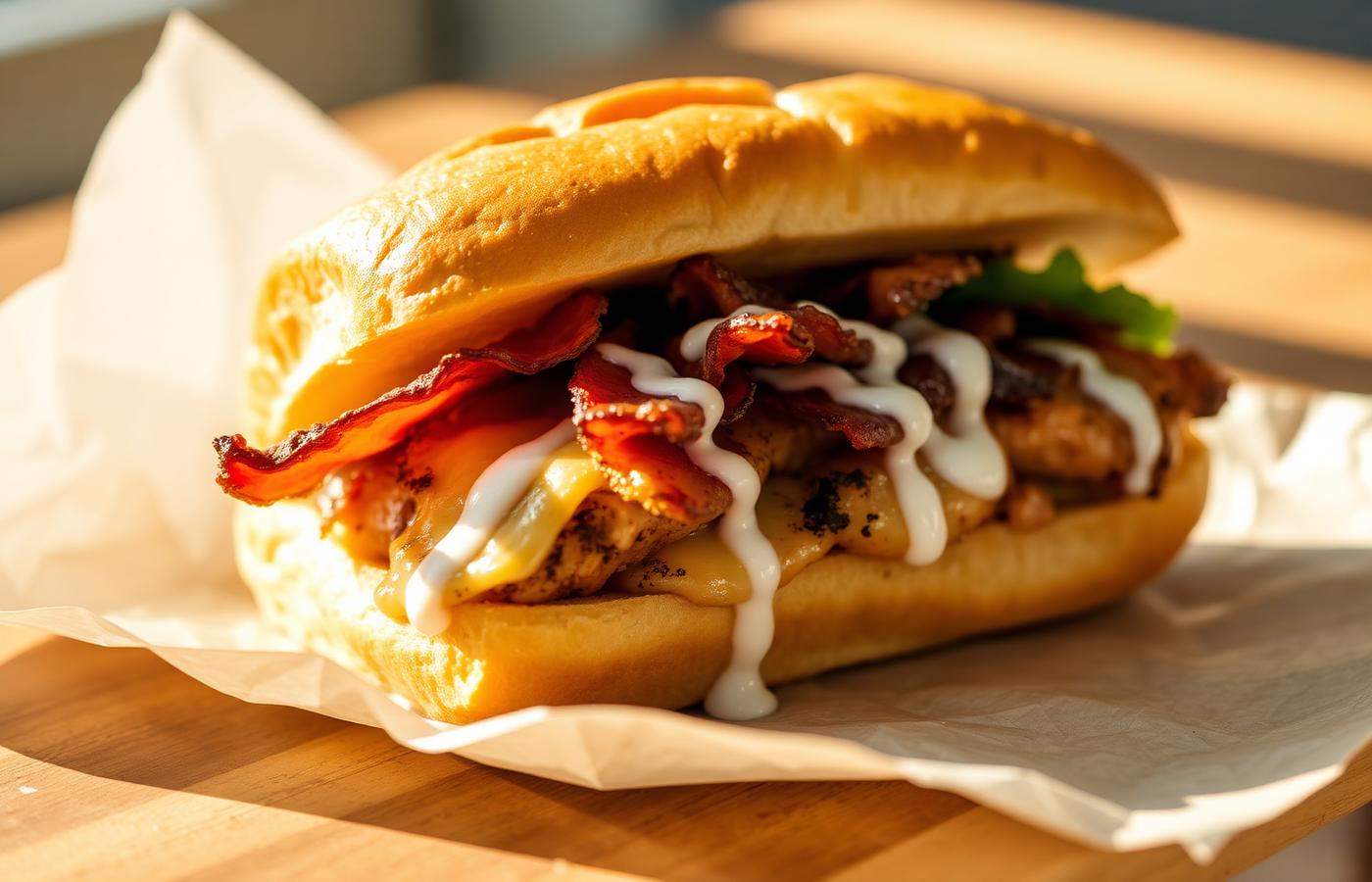 Chicken bacon ranch sub with melted cheese and ranch drizzle on butcher paper