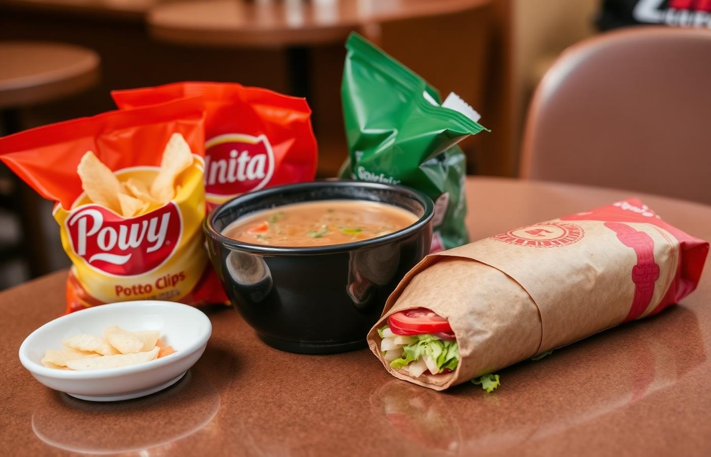 Bags of chips, a bowl of soup and a wrapped sandwich on a cafe table