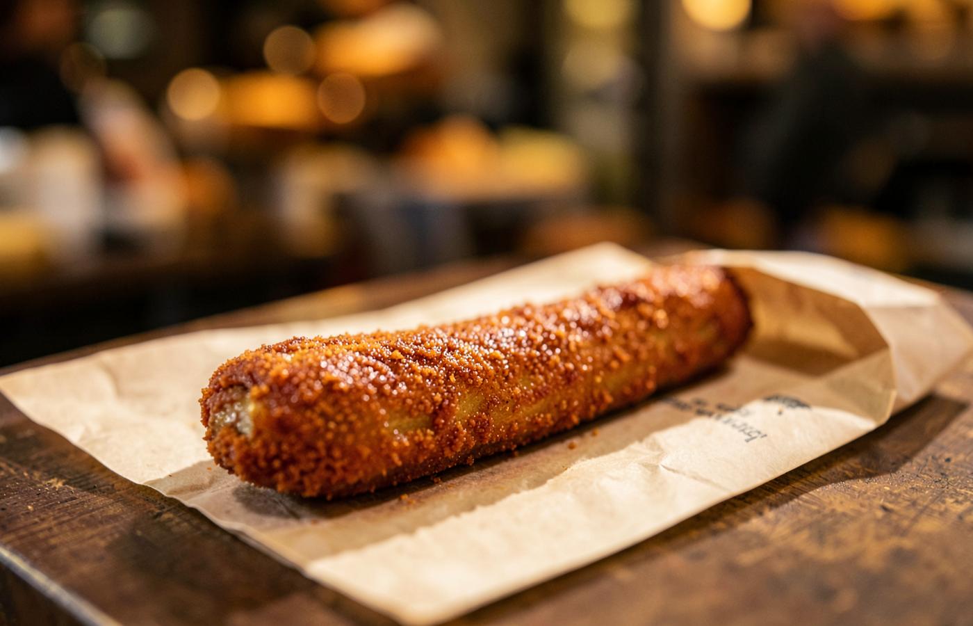 Cinnamon sugar footlong churro on a paper tray