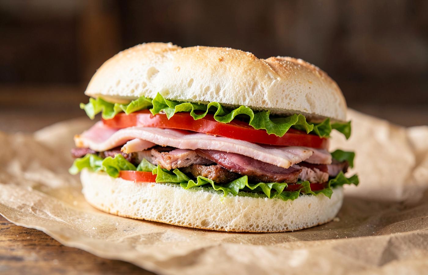 Subway Club sub with turkey, ham and roast beef, lettuce and tomato on a wheat roll