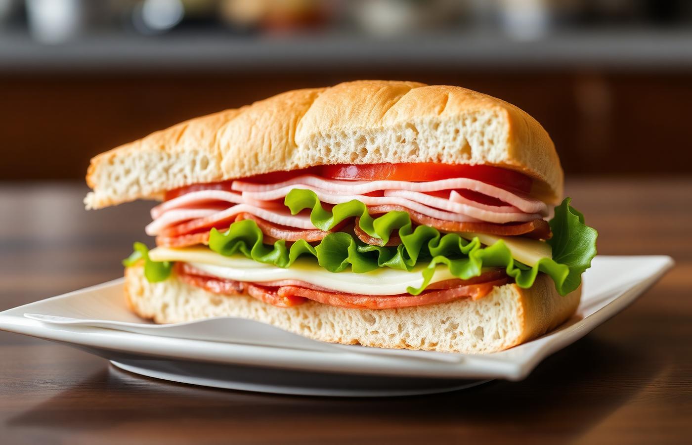 Cold cut combo sub with layered deli meats, lettuce, tomato and cheese