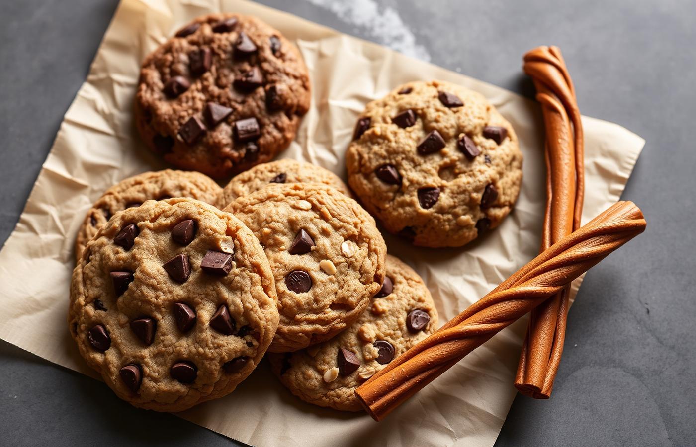 Assorted fresh-baked cookies on parchment with a cinnamon churro