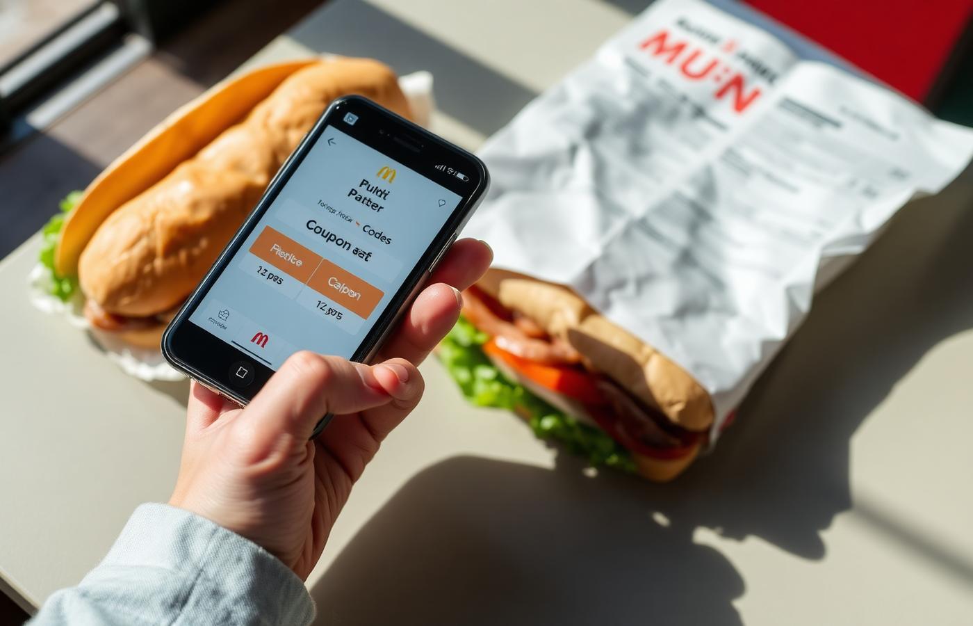 Hand holding a phone showing a food app offer next to a wrapped sub