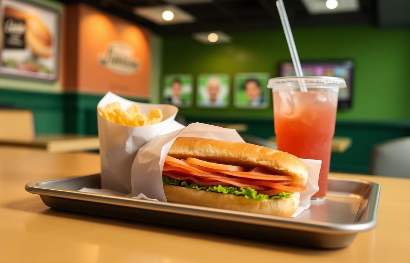 Six inch sub, chips and a drink on a tray in a sandwich shop