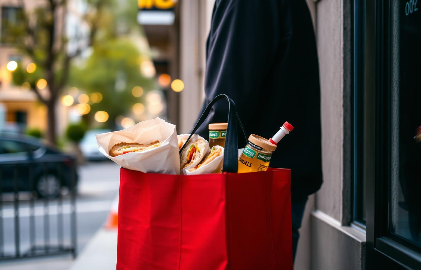 Delivery courier bag with wrapped sandwiches and drinks at a doorstep