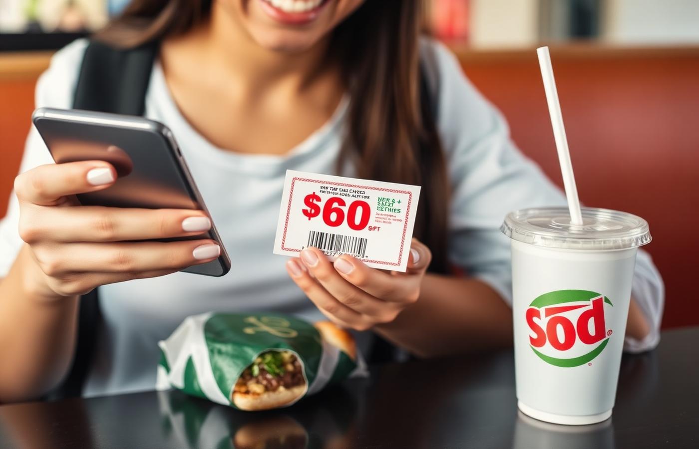 Person holding a phone and a coupon beside a wrapped sub and drink