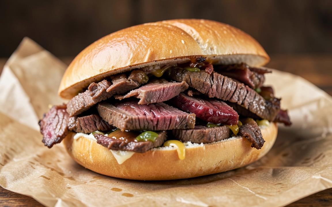 Sub stacked high with a double portion of sliced steak