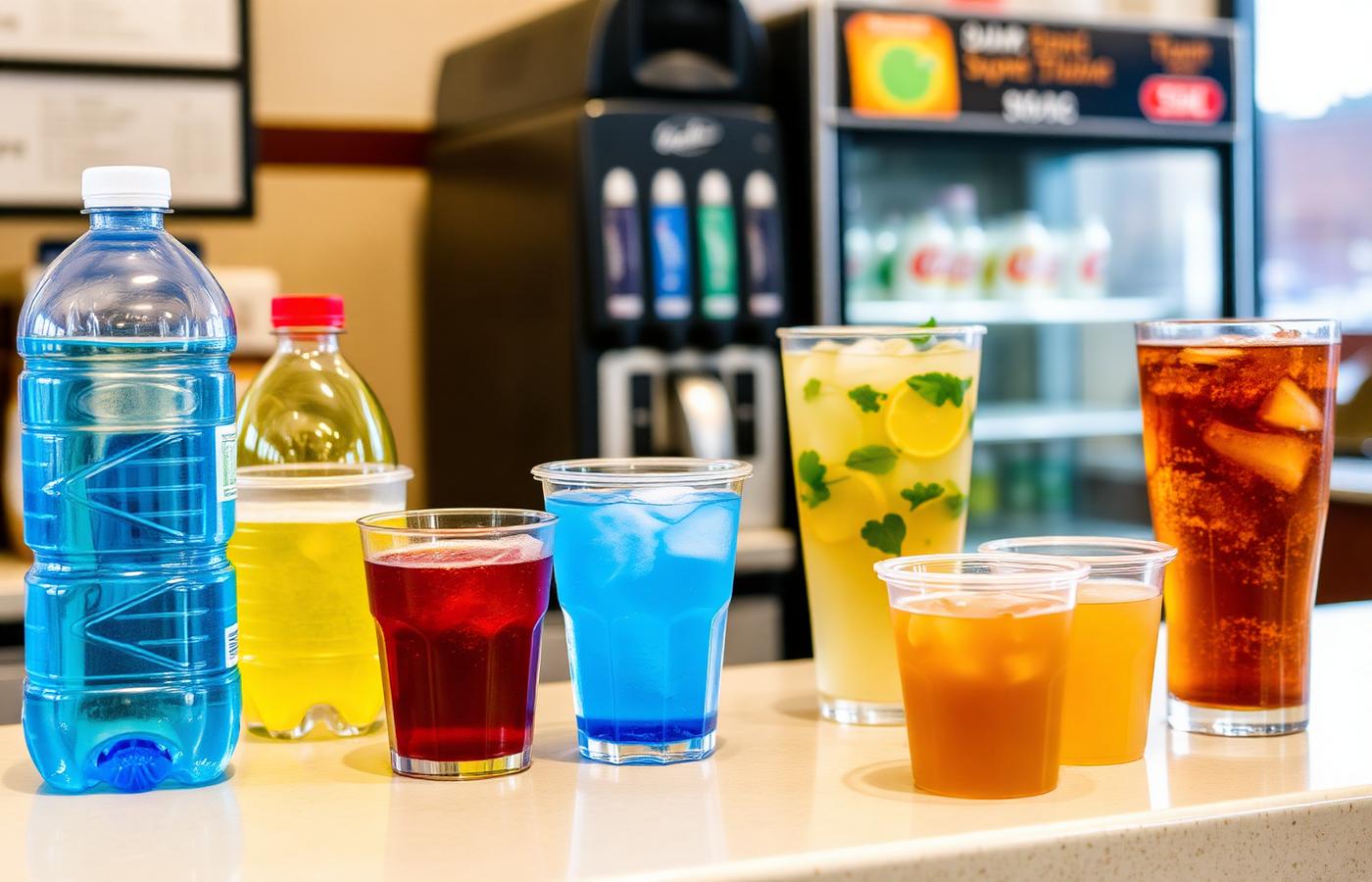 Fountain drinks, bottled water and iced tea on a sandwich shop counter