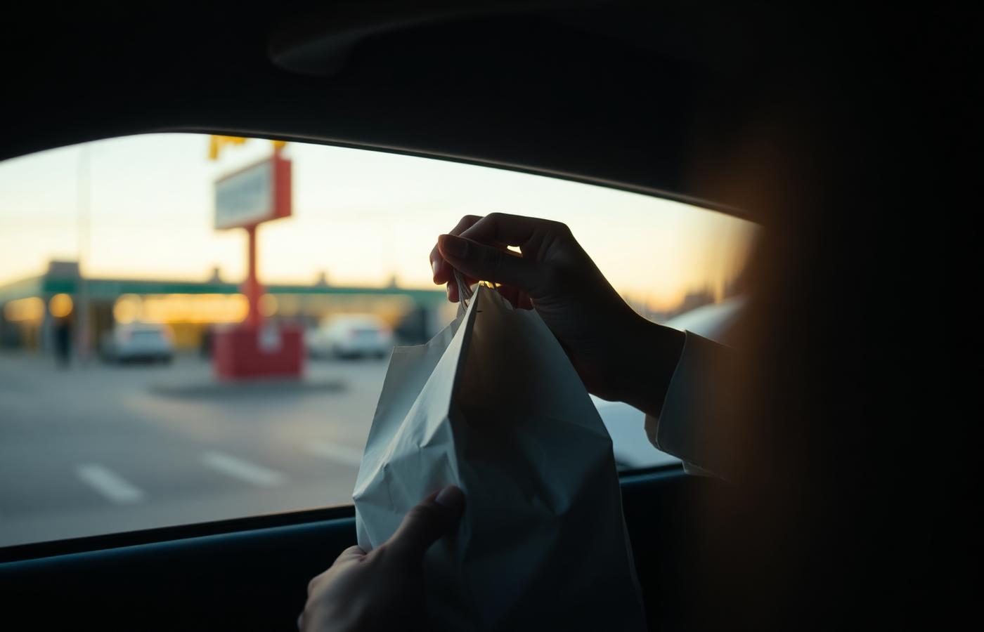 Hand receiving a paper bag of food through a car window at a drive-thru at dusk