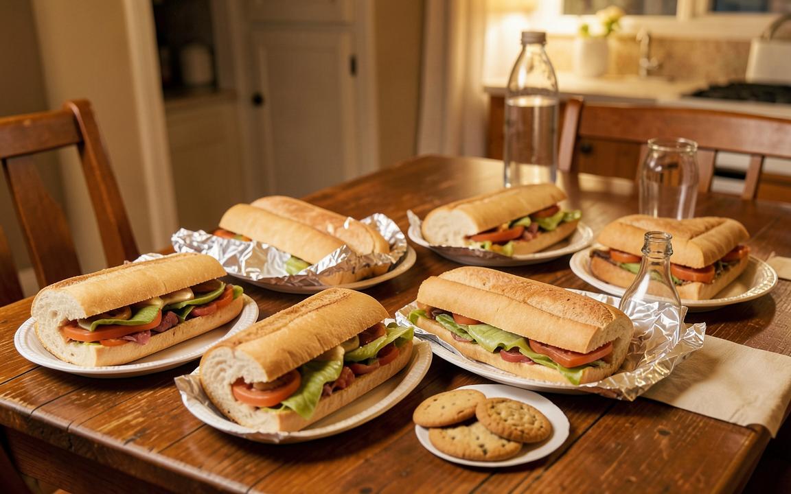 Several subs, cookies and drinks laid out on a family kitchen table