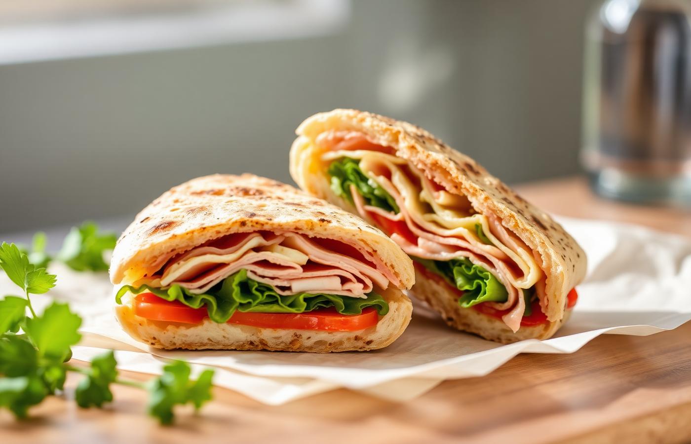 Flatbread sandwich cut in half filled with turkey, cheese, lettuce and tomato
