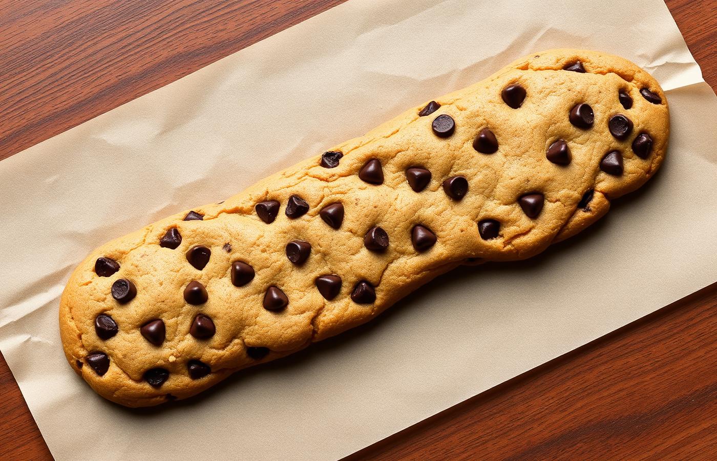 Footlong chocolate chip cookie on parchment paper