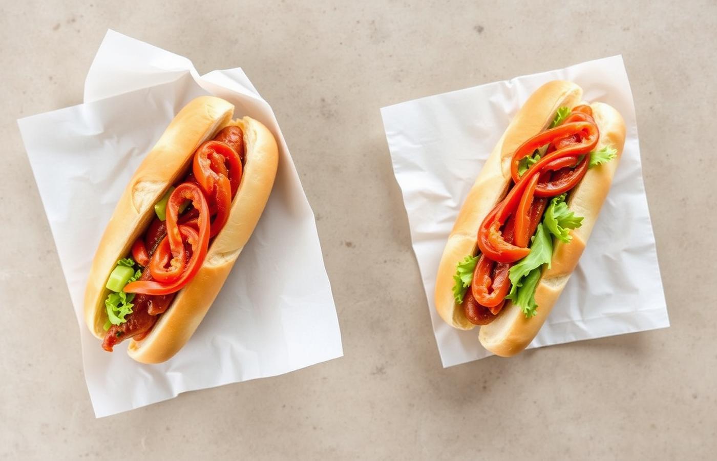 A footlong sub and a six inch sub side by side on butcher paper