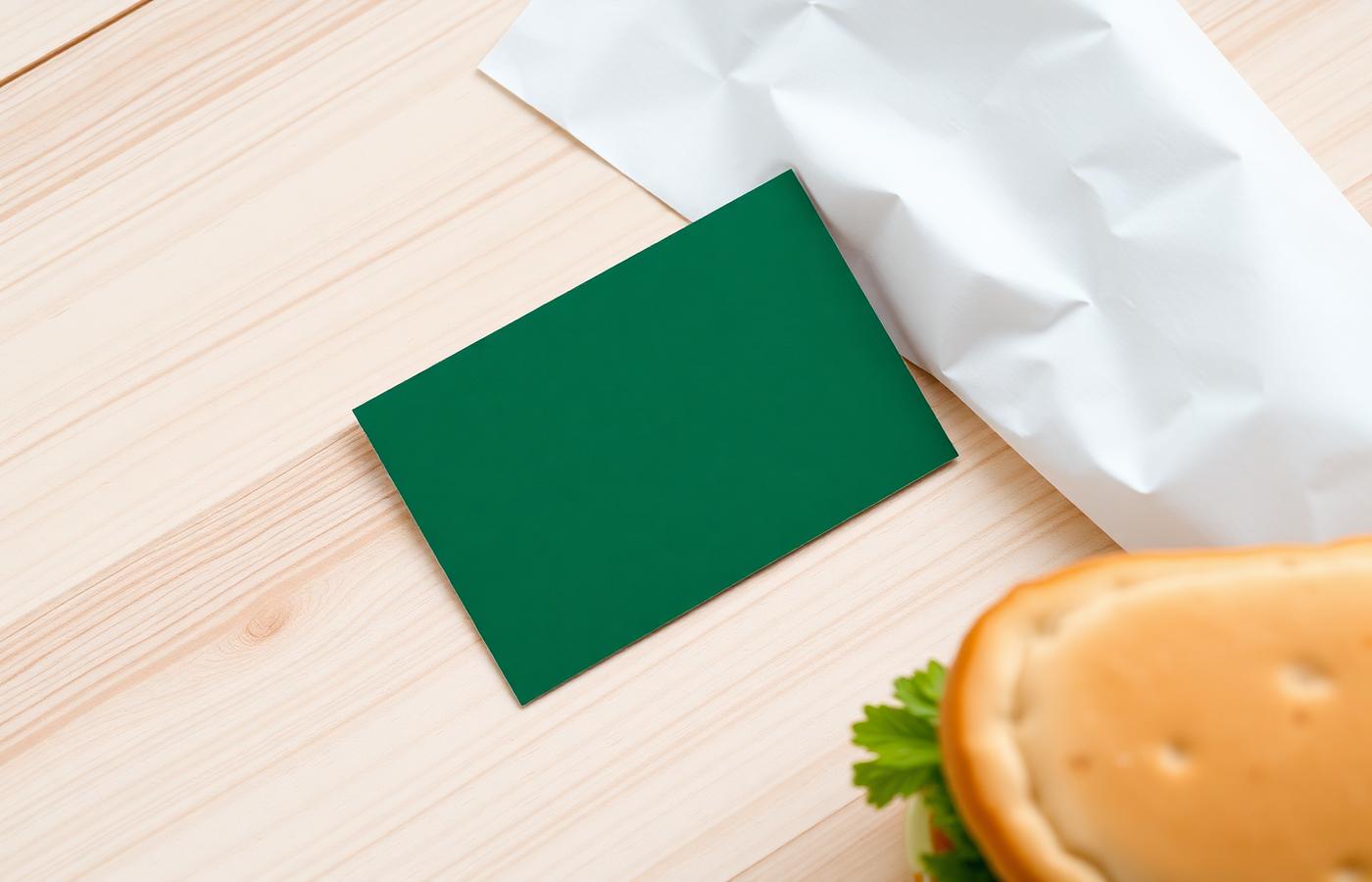 Plain green gift card on a wooden table beside a wrapped sandwich