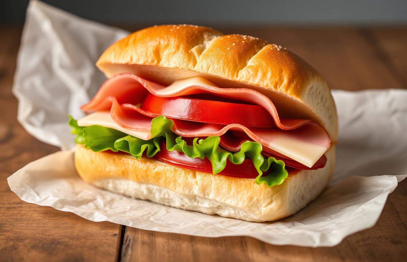 Ham and cheese sub with Swiss cheese, lettuce and tomato