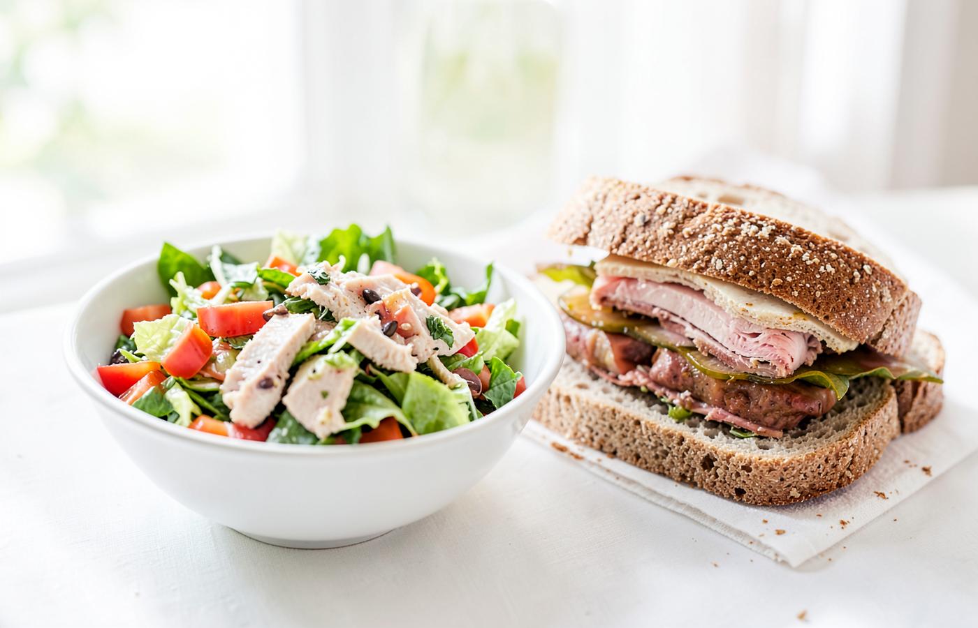 Fresh salad bowl with turkey, spinach and vegetables beside a wheat sub