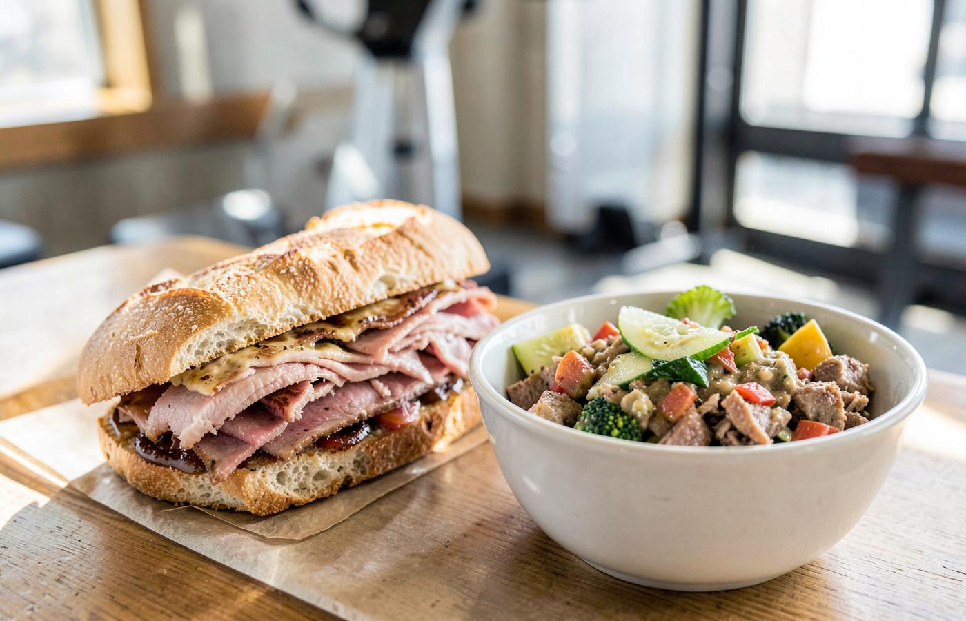 Double meat sub beside a protein bowl of meat and vegetables