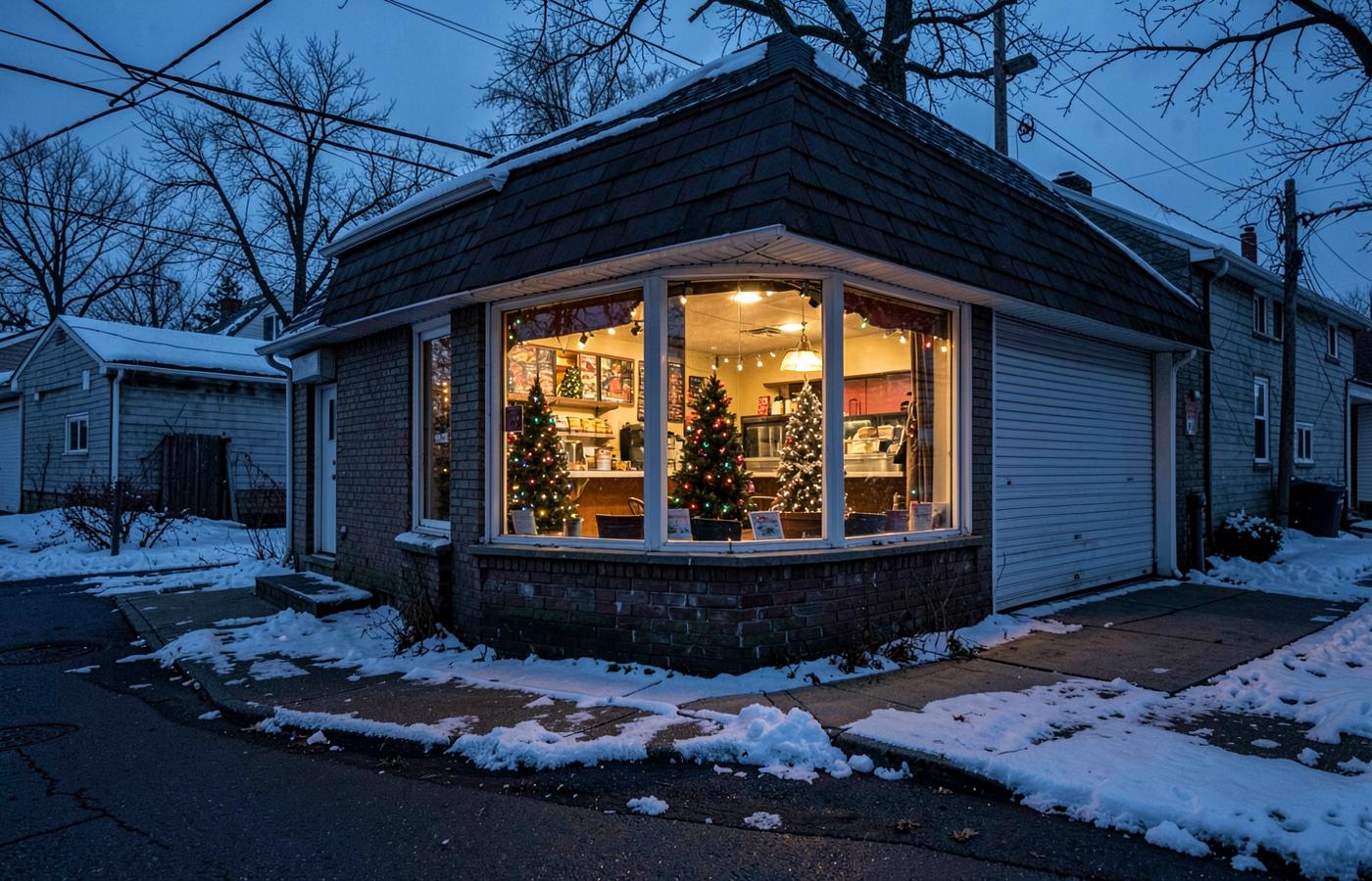 Sandwich shop storefront at dusk with a lit open sign during the holidays