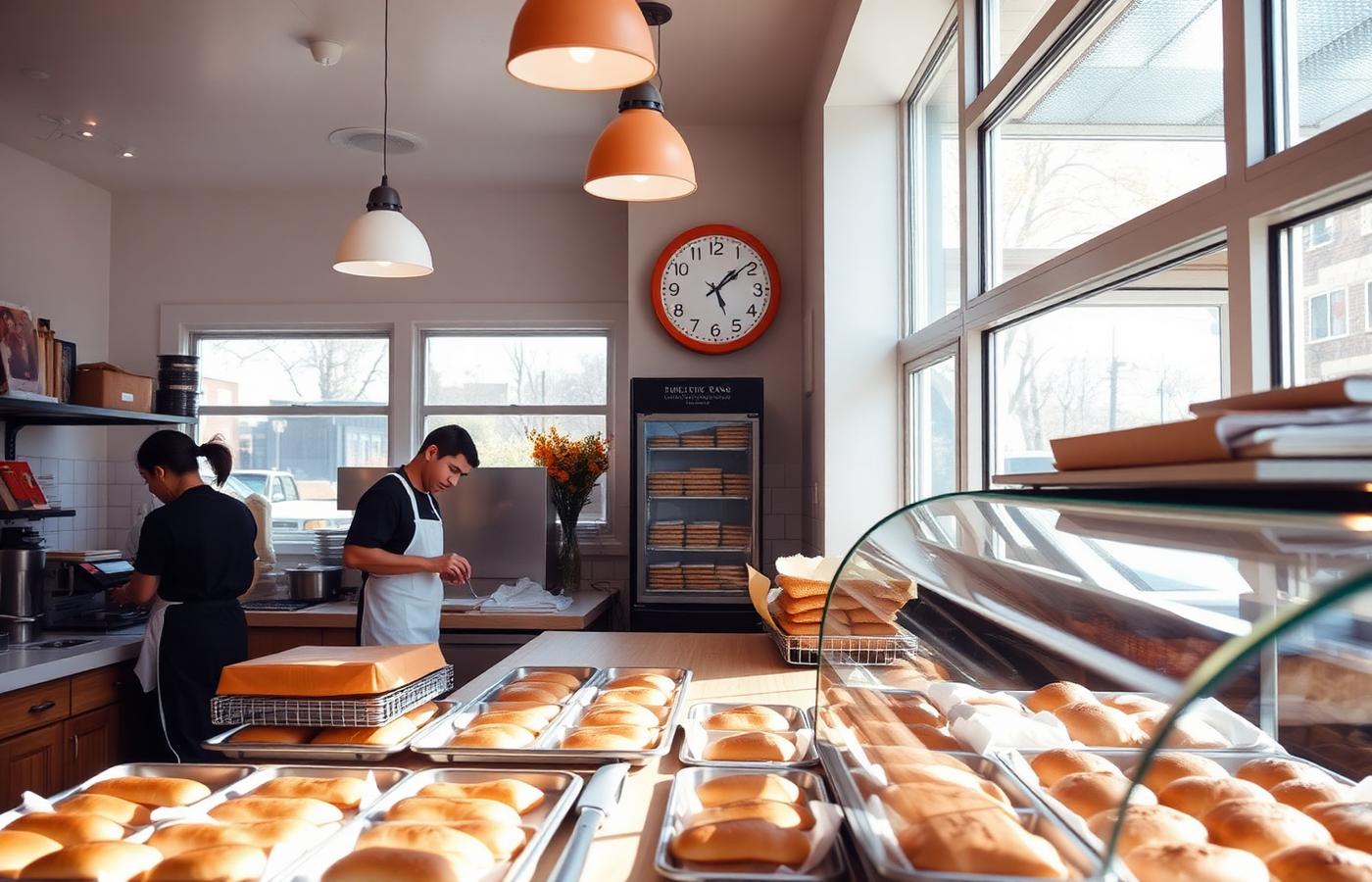 Bright sandwich shop interior in the morning with trays of freshly baked bread
