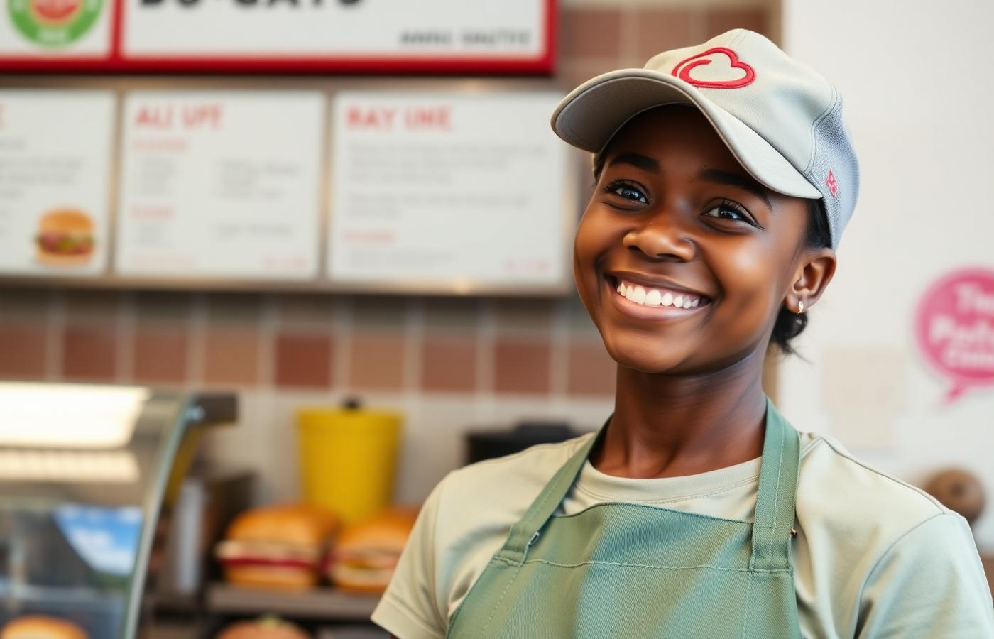 Smiling restaurant employee in a green apron behind a sandwich counter