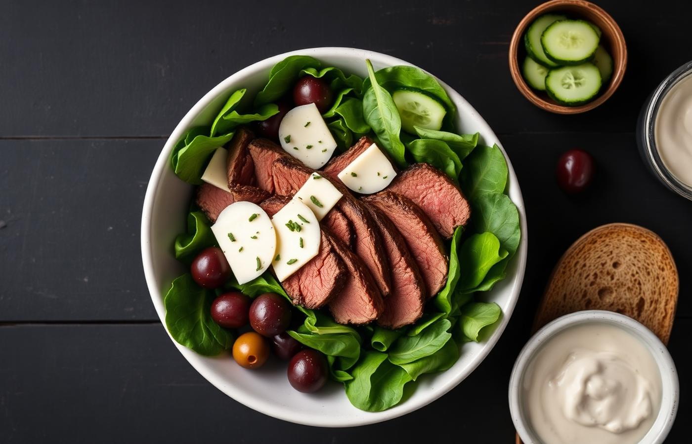 Steak and cheese protein bowl with greens and olives shot from above