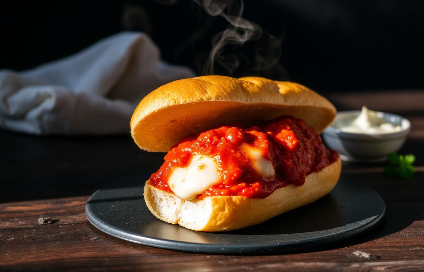 Meatball marinara sub with melted mozzarella on a toasted roll