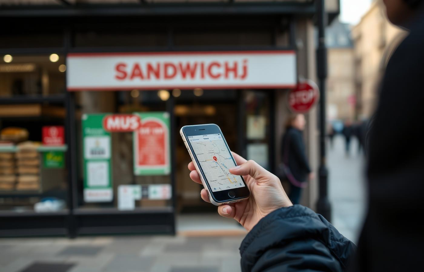 Person checking a map app on a phone on the sidewalk outside a sandwich shop