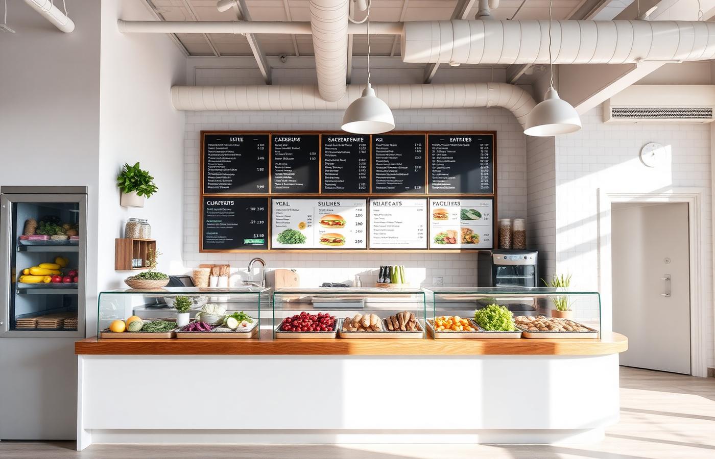 Bright modern sandwich shop counter with fresh ingredients and menu boards