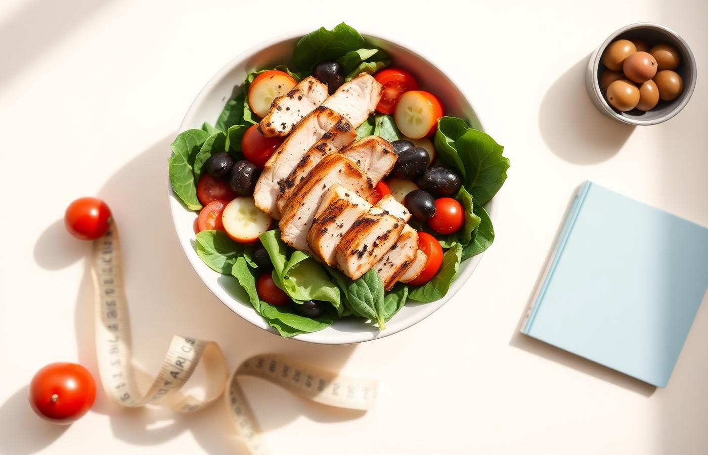 Chicken salad bowl with spinach, tomatoes and olives shot from above