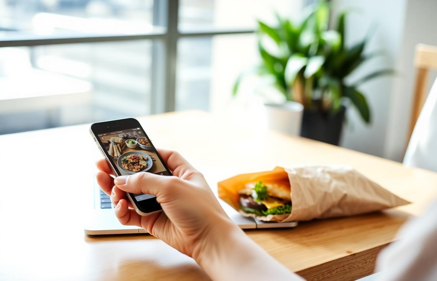 Person ordering food on a phone app beside a wrapped sandwich