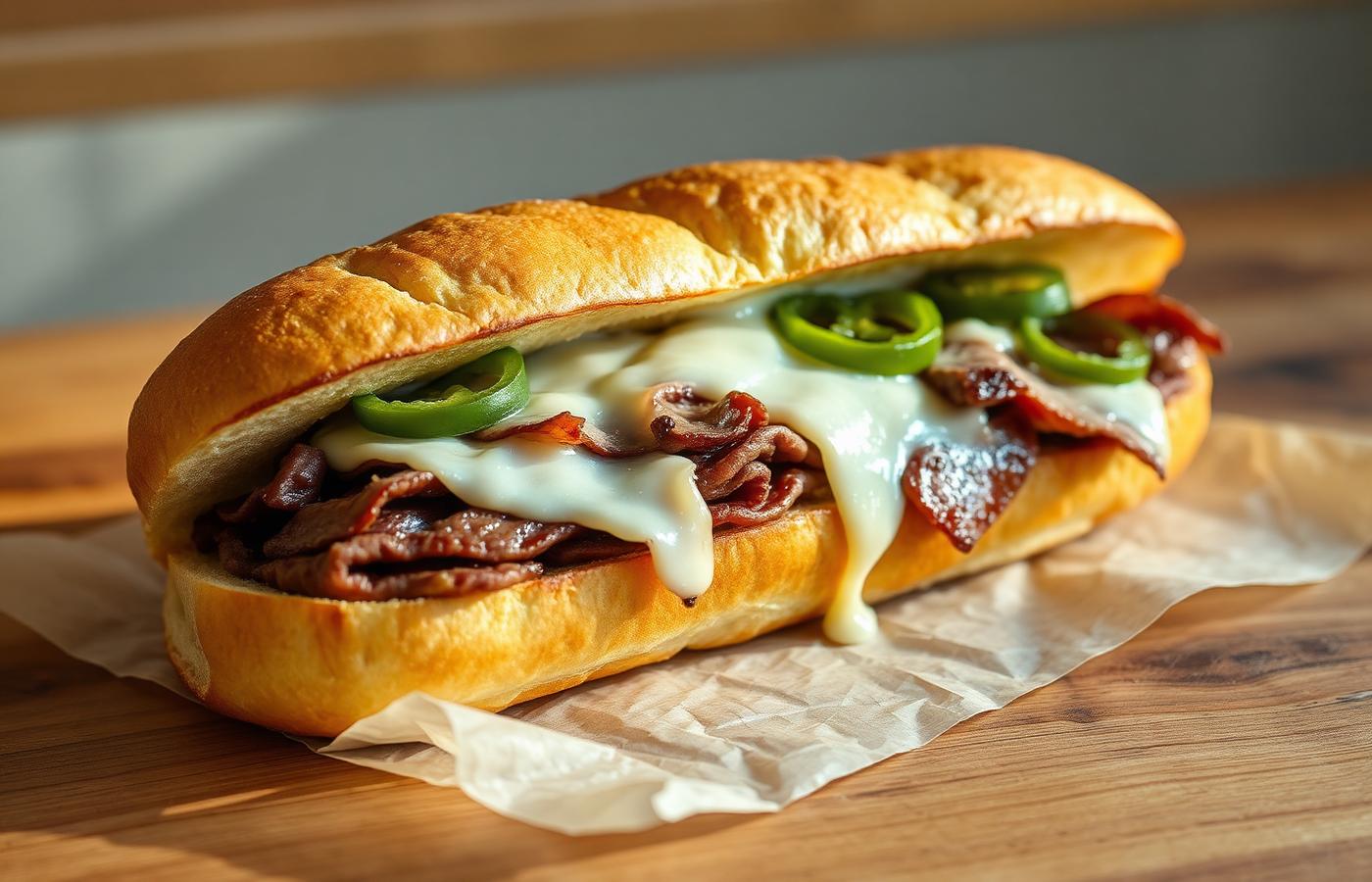 Toasted steak and cheese sub with melted cheese, peppers and onions on butcher paper