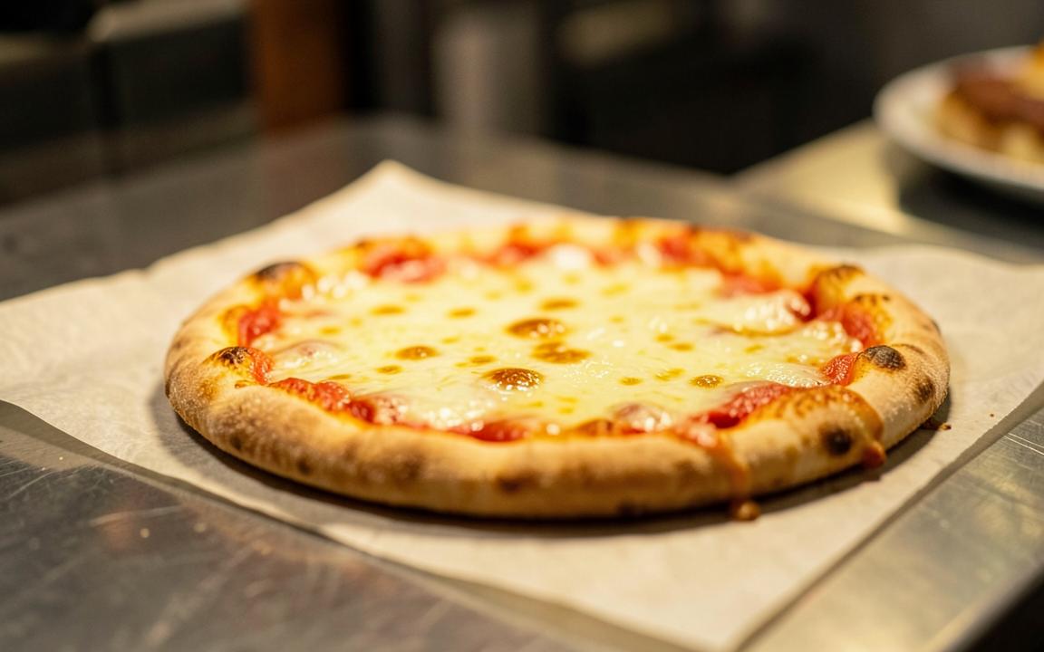Small personal cheese pizza on parchment on a fast-food counter