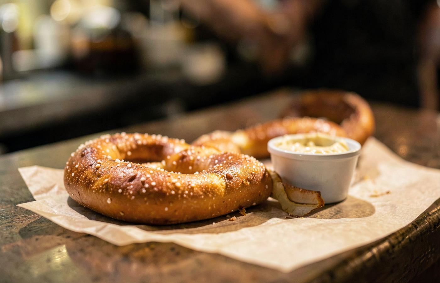 Warm salted footlong soft pretzel on parchment paper