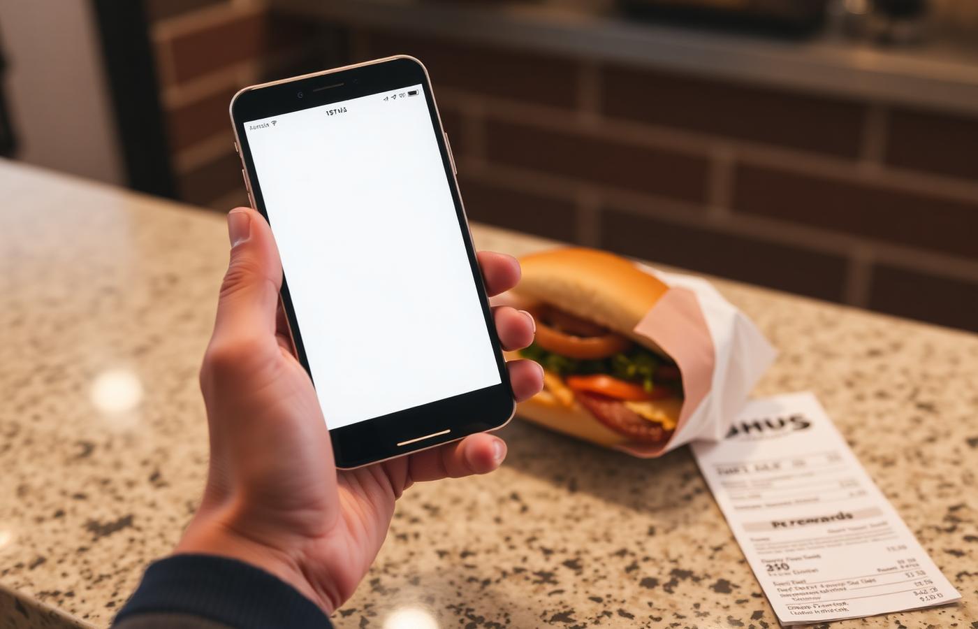 Person holding a phone with a rewards app beside a wrapped sub and receipt