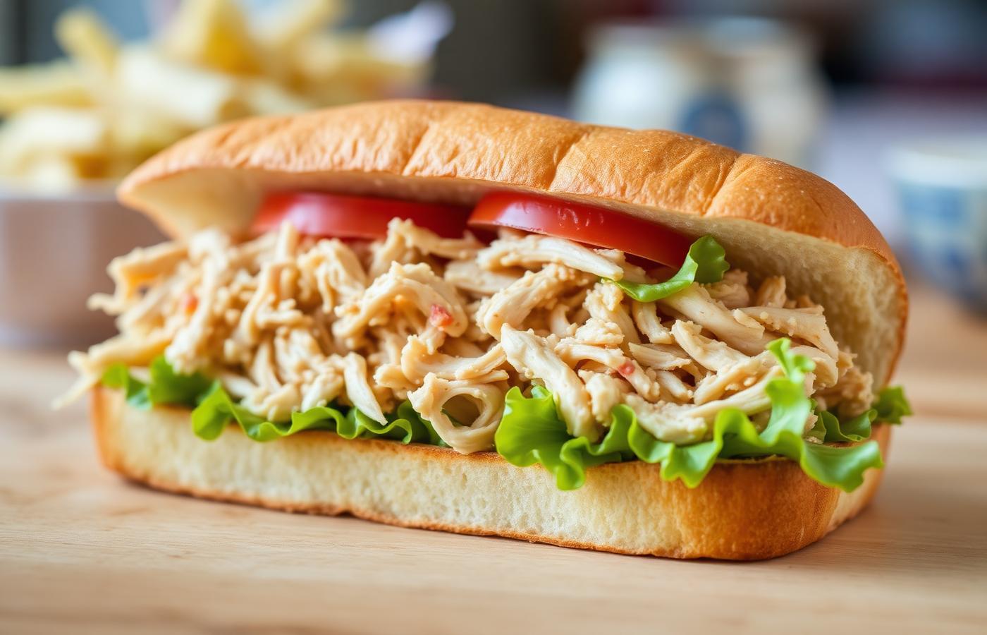 Shredded rotisserie-style chicken sub with lettuce and tomato