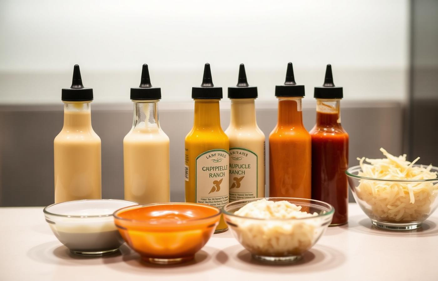 Row of sandwich sauce bottles and bowls on a clean counter