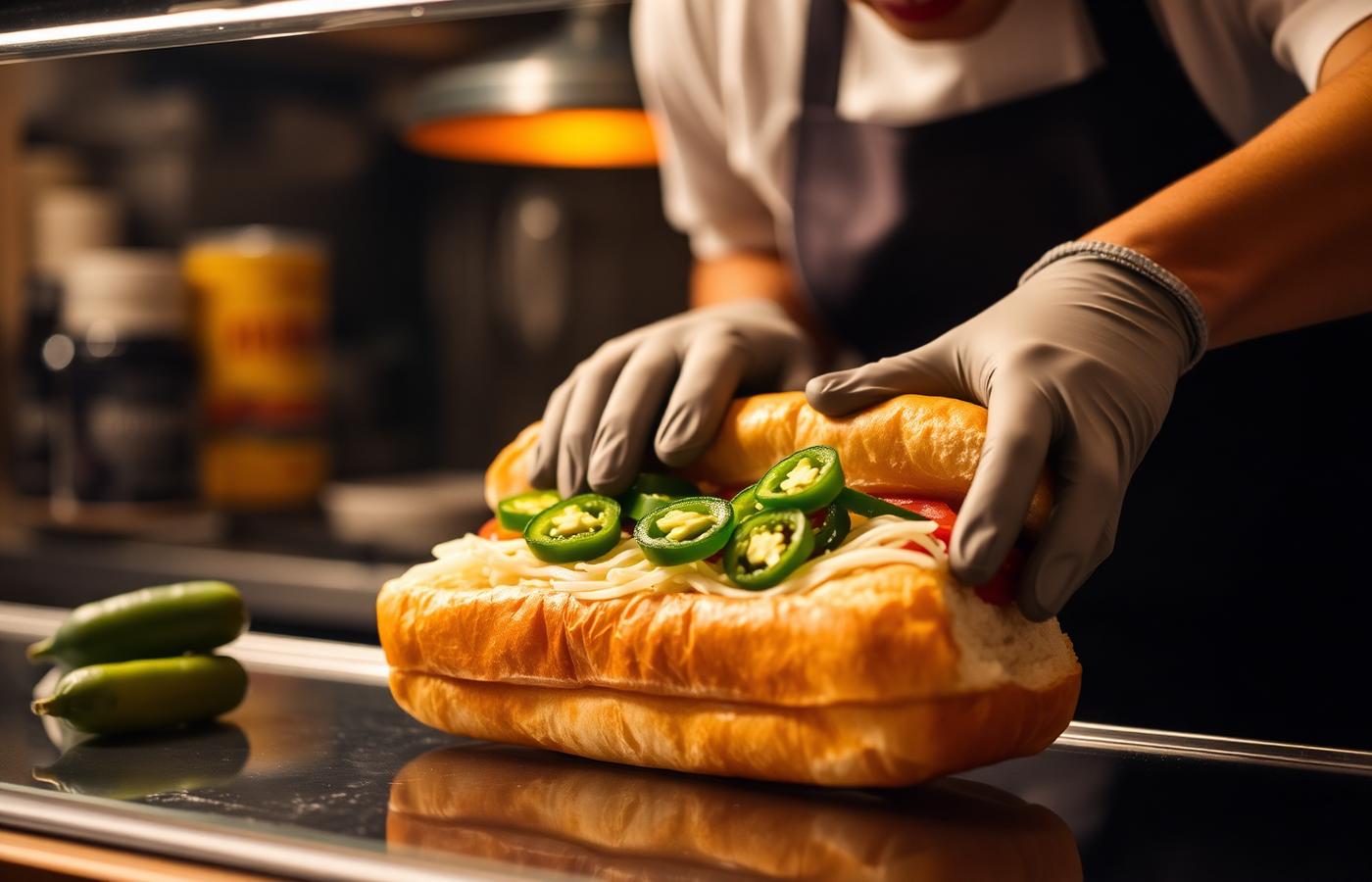 Sandwich artist adding jalapenos to a custom sub behind the topping bar