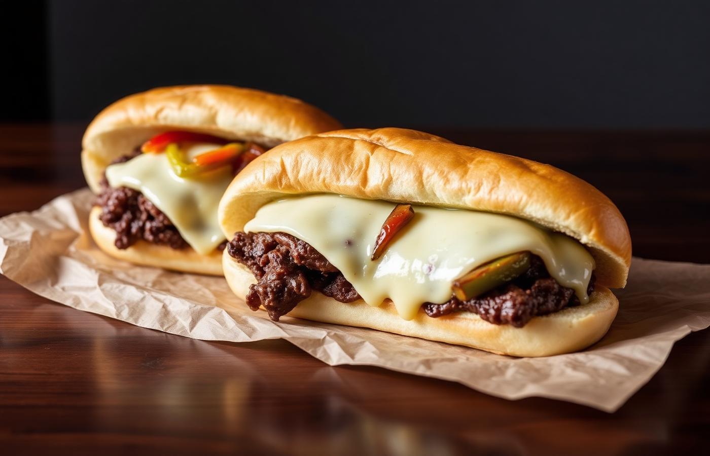 Two loaded steak and cheese footlong sandwiches on paper