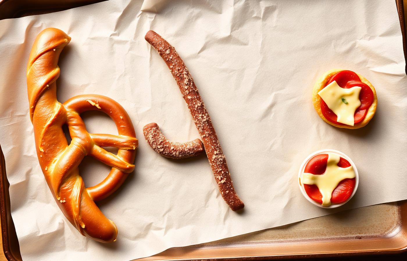 Soft pretzel, cinnamon churro and cheesy dippers on parchment