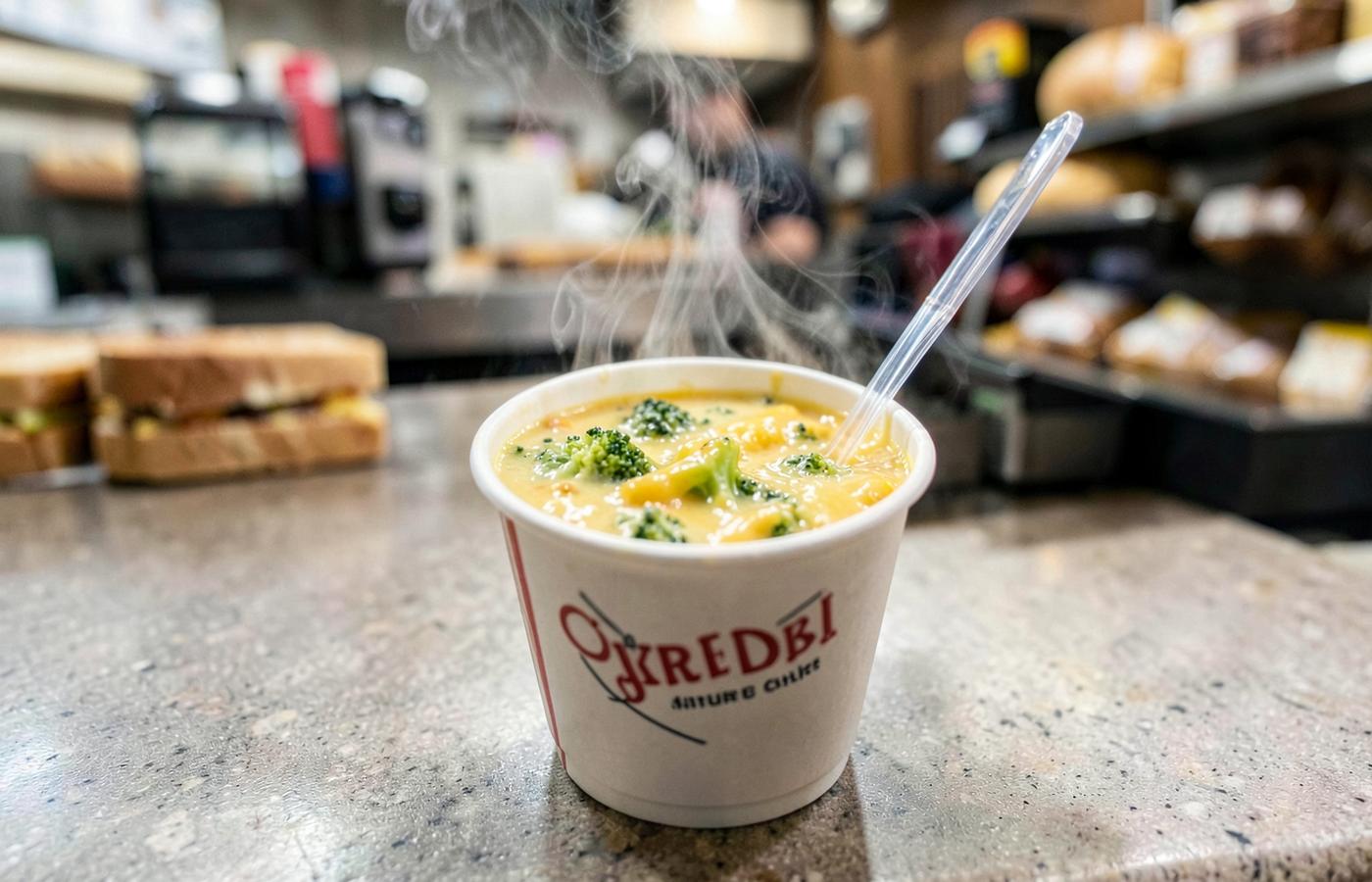 Bowl of creamy soup with a roll on the side
